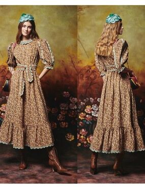 CELIA B Alamo Dress Brown Floral Midi corduroy Large